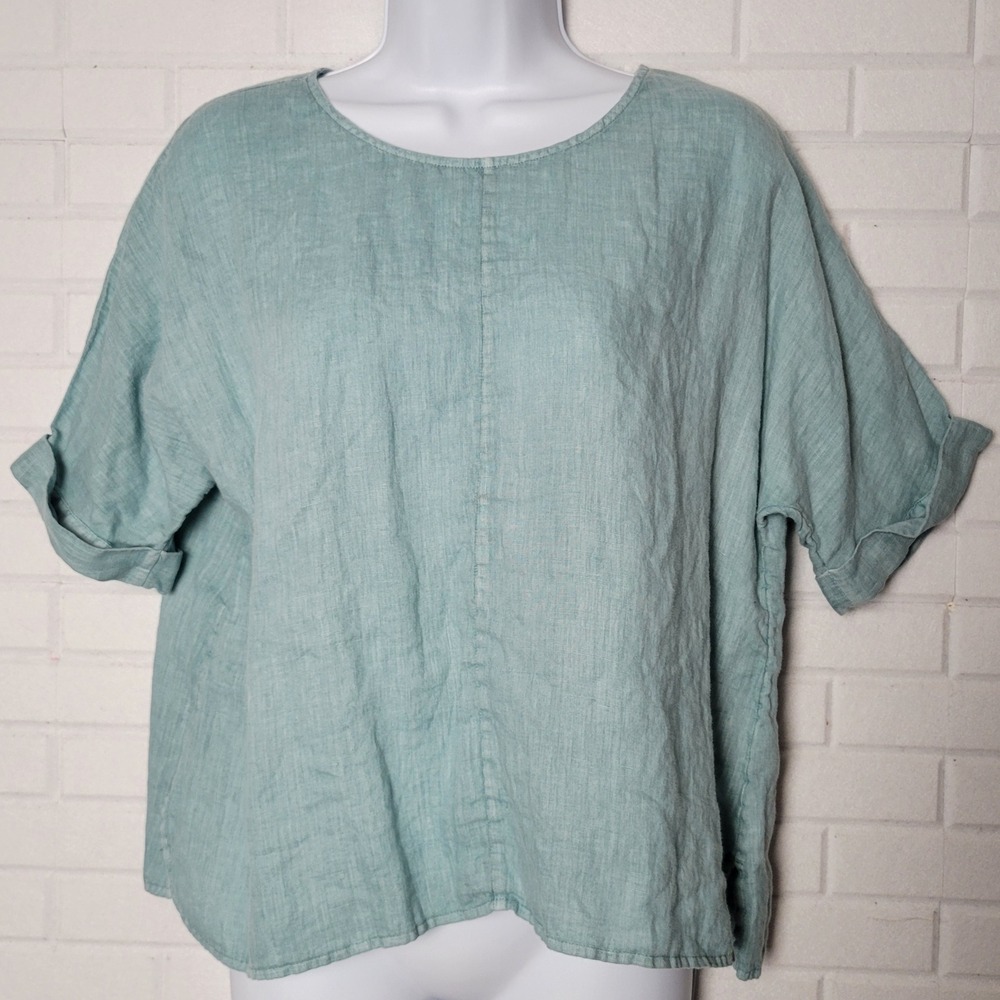 Pure‎ Jill Linen Top XS Seaglass Blue Green Boxy Cropped Lagenlook Summer